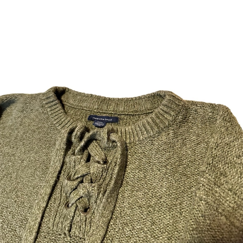 American Eagle Olive Green, LaceUp Cropped Y2k 90’s Casual Everyday Sweater sz M - Picture 4 of 14